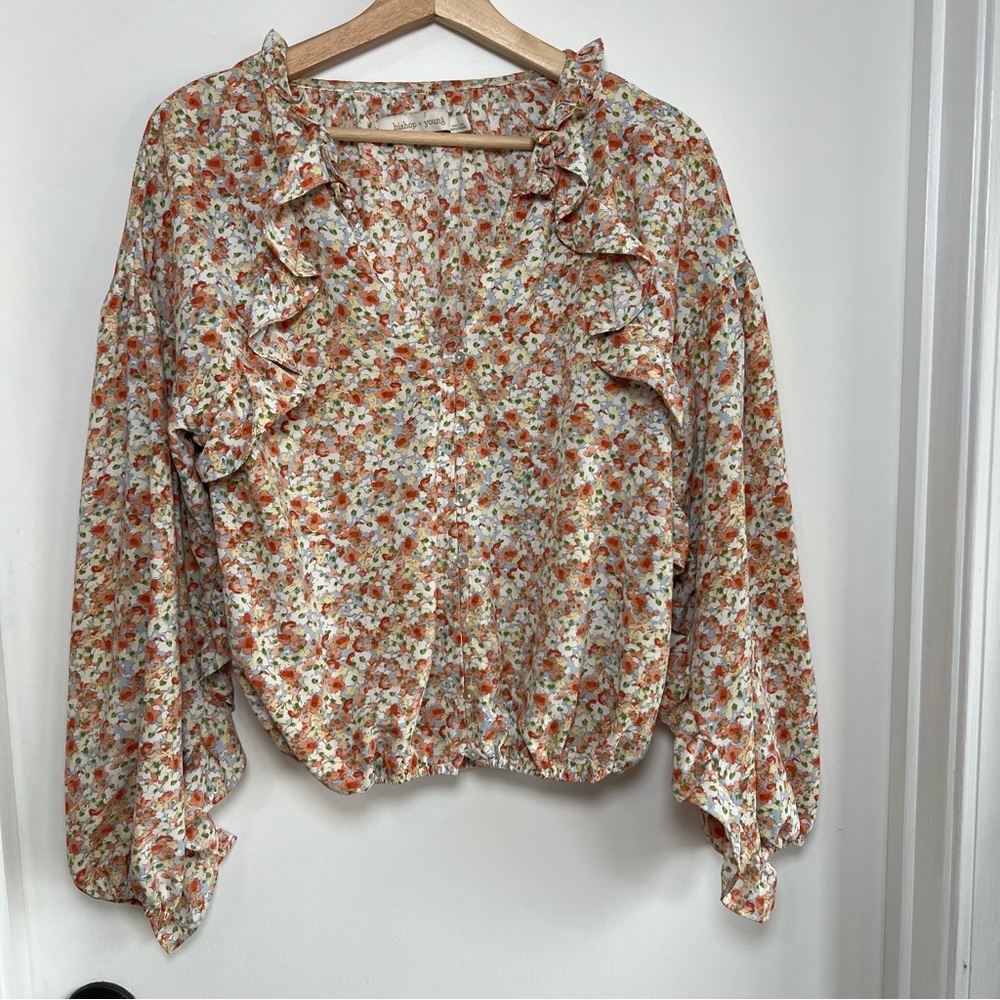 Bishop + Young Ditsy Floral Ruffle Button Up Long‎ Sleeve Blouse, Size Small
